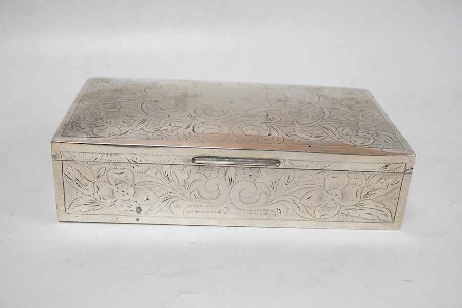 A continental 900 standard white metal mounted rectangular cigarette box, with engraved foliate decoration, 17.6cm.